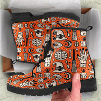 Witch Symbols Orange- Ankle Boots, Women's Lace Up, Combat boots, Classic Short boots - MaWeePet- Art on Apparel